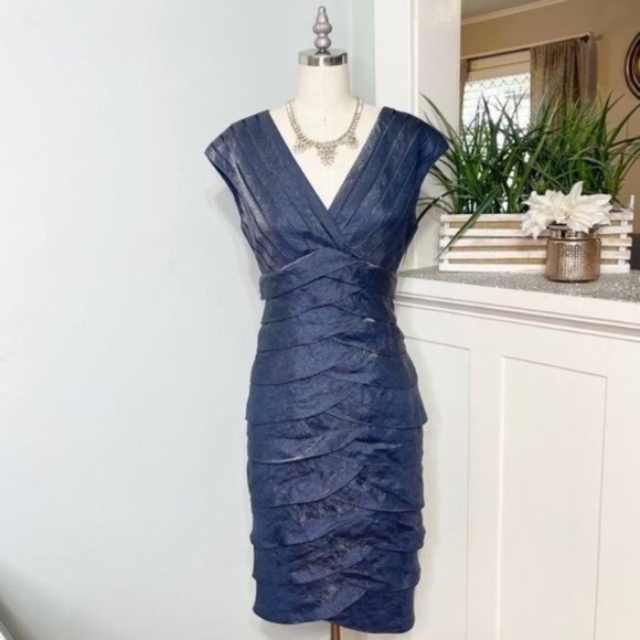 Adrianna Papell Blue Satin Shutter Pleat Tiered Layered Sheath Dress 4 - Picture 3 of 10